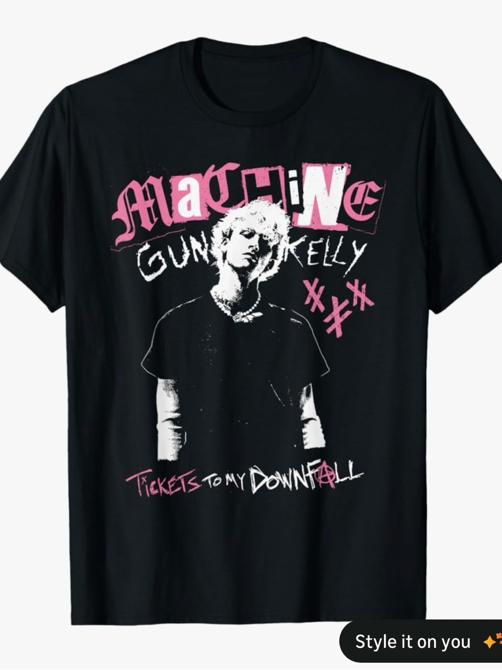 Black Graphic Guitar Tee with Pink Print